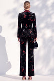 Black Red Floral Velvet Peak Lapel Long Sleeves Women Suits