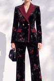 Black Red Floral Velvet Peak Lapel Long Sleeves Women Suits