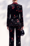Black Red Floral Velvet Peak Lapel Long Sleeves Women Suits