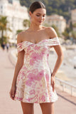 Pink Off the Shoulder Floral A-Line Short Homecoming Dress