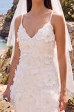White Sheath V-Neck Mini Elopement Wedding Dress with 3D Flower