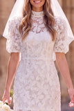 White Sheath High Neck Puff Sleeves Floral Mini Elopement Wedding Dress