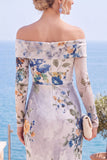 Pink Red Flower Strapless Sheath Floral Ruched Formal Dress with Slit