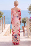 Pink Red Flower Strapless Sheath Floral Ruched Formal Dress with Slit