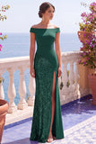 Champagne Sequins Mermaid Cap Sleeves Long Formal Dress with Slit