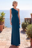 Peacock Blue Ruched Sheath One Shoulder Long Formal Dress
