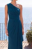 Peacock Blue Ruched Sheath One Shoulder Long Formal Dress