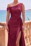 Navy Asymmetrical Ruched Mermaid Long Formal Dress with Side Streamer