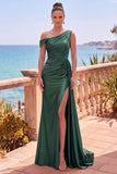 Navy Asymmetrical Ruched Mermaid Long Formal Dress with Side Streamer