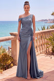 Navy Asymmetrical Ruched Mermaid Long Formal Dress with Side Streamer
