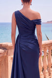 Navy Asymmetrical Ruched Mermaid Long Formal Dress with Side Streamer