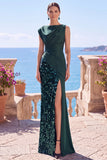 Black Sequins Asymmetrical Ruched Mermaid Formal Dress with Slit