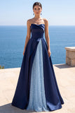 Navy Strapless Corset Pearl A-Line Long Formal Dress