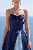 Navy Strapless Corset Pearl A-Line Long Formal Dress
