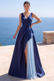 Pink A-Line Pearls Ruched Long Formal Dress with Slit