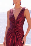 Burgundy Metallic Mermaid Ruched Long Formal Dress with Slit
