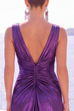 Burgundy Metallic Mermaid Ruched Long Formal Dress with Slit