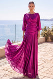 Champagne Ruched A-Line Half Sleeves Long Formal Dress