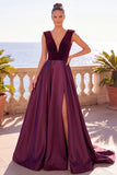 Burgundy V-Neck A-Line Velvet Backless Long Formal Dress with Slit