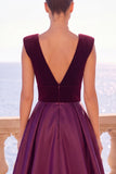 Burgundy V-Neck A-Line Velvet Backless Long Formal Dress with Slit