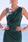 Dark Green Beaded Asymmetrical Neck Ruched Mermaid Formal Dress