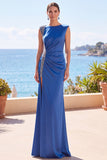 Blue Beaded Ruched Sheath Long Formal Dress with Slit