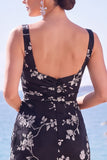 Blue Sheath Floral Jacquard Square Neck Long Formal Dress with Slit
