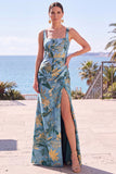Blue Sheath Floral Jacquard Square Neck Long Formal Dress with Slit