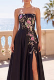 Black Floral Embroidery A-Line Strapless Long Formal Dress with Side Slit