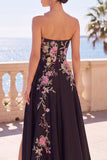 Black Floral Embroidery A-Line Strapless Long Formal Dress with Side Slit