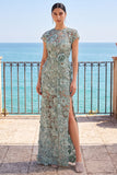 Grey Green 3D Appliques Sheer Rhinestone Pearls Sheath Long Formal Dress with Slit