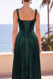 Dark Green Velvet Corset Pleated Thick straps A-Line Long Formal Dress
