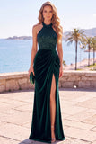 Burgundy Velvet Sequins Halter Neck Ruched Sheath Long Formal Dress with Slit