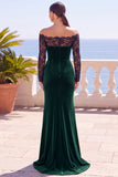 Burgundy Off the Shoulder Lace Velvet Long Sleeves Mermaid Long Formal Dress