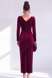 Dark Green Bodycon Velvet V-Neck Long Sleeves Mother of the Bride Dress with Slit