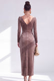 Dark Green Bodycon Velvet V-Neck Long Sleeves Mother of the Bride Dress with Slit