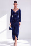 Dark Green Bodycon Velvet V-Neck Long Sleeves Mother of the Bride Dress with Slit