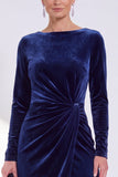 Navy Sheath Velvet Ruched Mother Of The Bride Dress