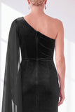 Burgundy One Shoulder Sheath Ruched Mother Of The Bride Dress with Side Cape