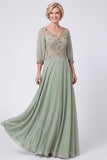 Navy Beaded A-Line V-Neck Long Mother Of The Bride Dress with Half Sleeves