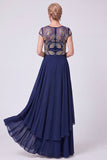 Navy A-Line Illusion Neck Beaded Long Mother Of The Bride Dress