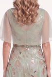 Navy Beaded Cape Sleeves A-Line Long Mother Of The Bride Dress