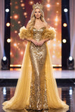 Golden Mermaid Off the Shoulder Puff Sleeves Sequins Maxi Pageant Dress with Cape