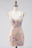 Bodycon Spaghetti Straps Sequin Floral Embroidery Corset Short Homecoming Dress
