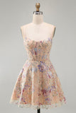 Apricot A-Line Sequin Corset Floral Embroidery Short Homecoming Dress