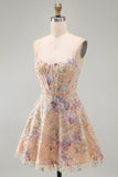 Apricot A-Line Sequin Corset Floral Embroidery Short Homecoming Dress