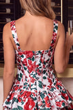 Red Flower Tiered Ruffled A-Line Square Neck Corset Mini Homecoming Dress