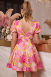Floral Pink A-Line V-Neck Printed Short Homecoming Dress with Short Sleeves