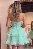 Mint Green Tiered Ruffle Tulle Sequins Strapless Short Homecoming Dress