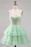 Mint Green Tiered Ruffle Tulle Sequins Strapless Short Homecoming Dress